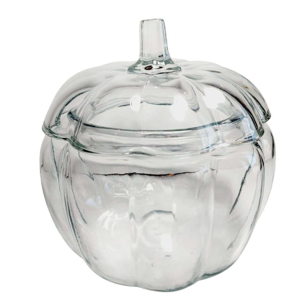 Vintage Anchor Hocking Cookie or Candy Jar Clear Glass Pumpkin Shaped with Lid